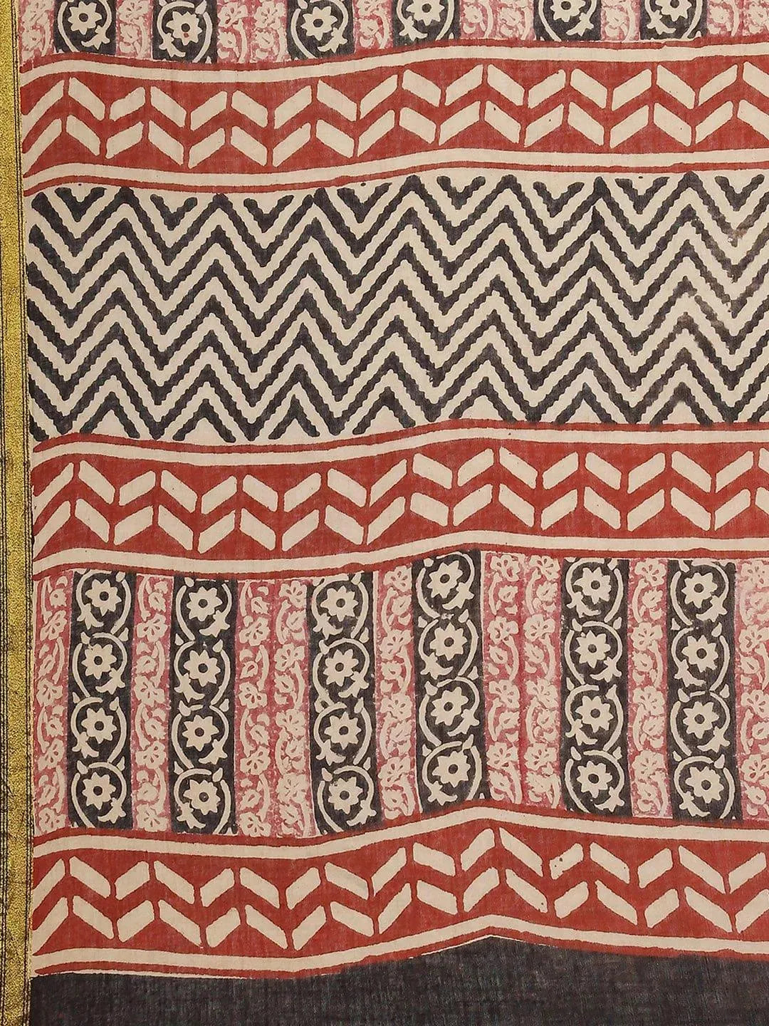 Rust Printed Cotton Saree - Libas 