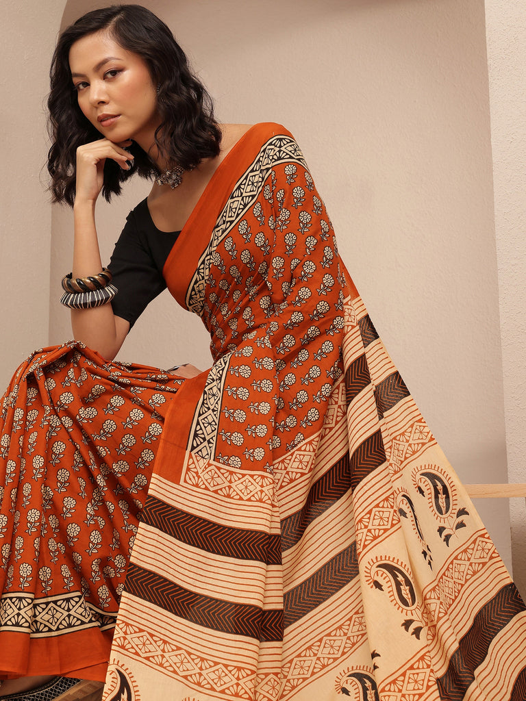 Libas Rust Printed Cotton Saree With Unstitched Blouse Piece