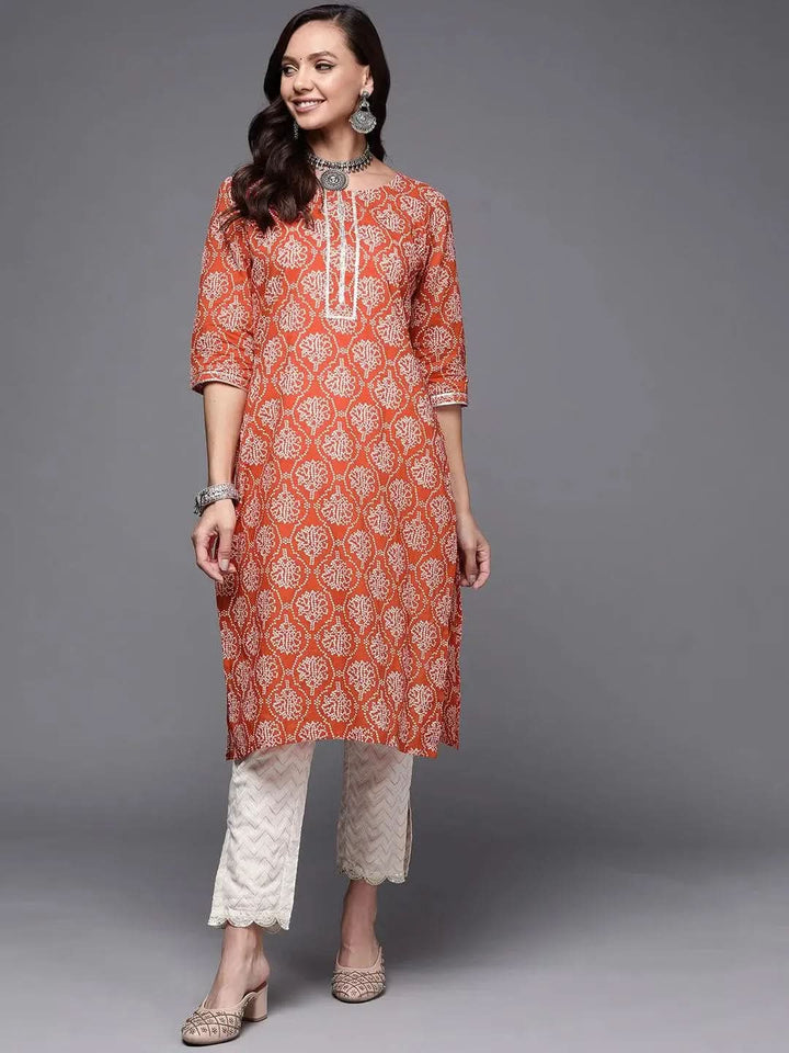 Rust Printed Cotton Straight Kurta - Libas