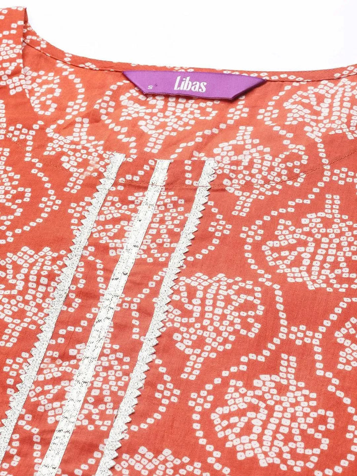 Rust Printed Cotton Straight Kurta - Libas
