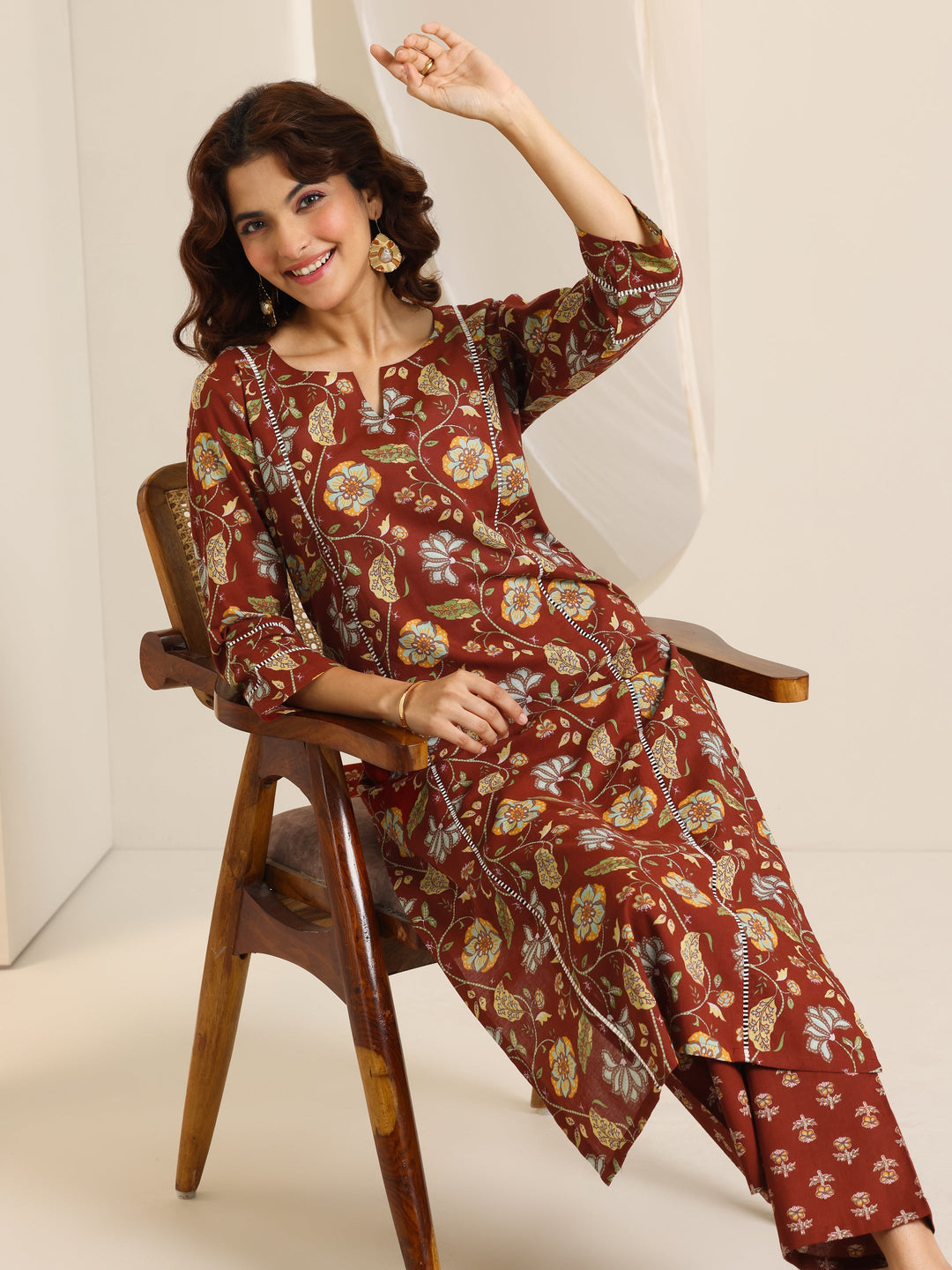  Rust Printed Cotton Straight Kurta Set 