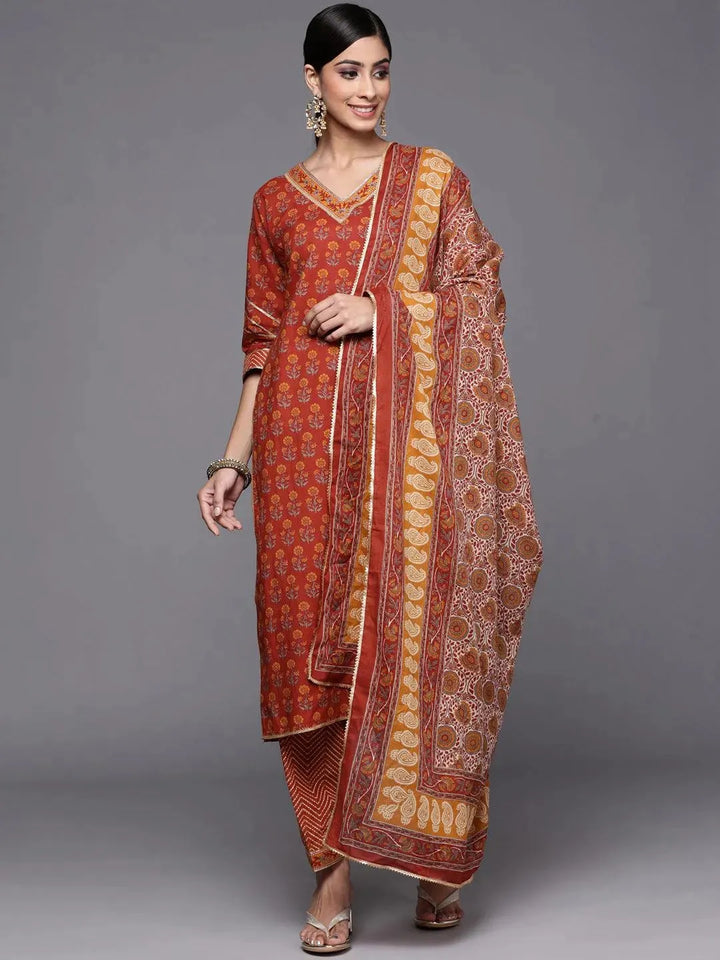 Rust Printed Cotton Straight Suit Set - Libas