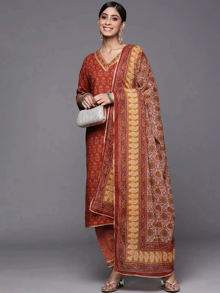 Rust Printed Cotton Straight Suit Set - Libas