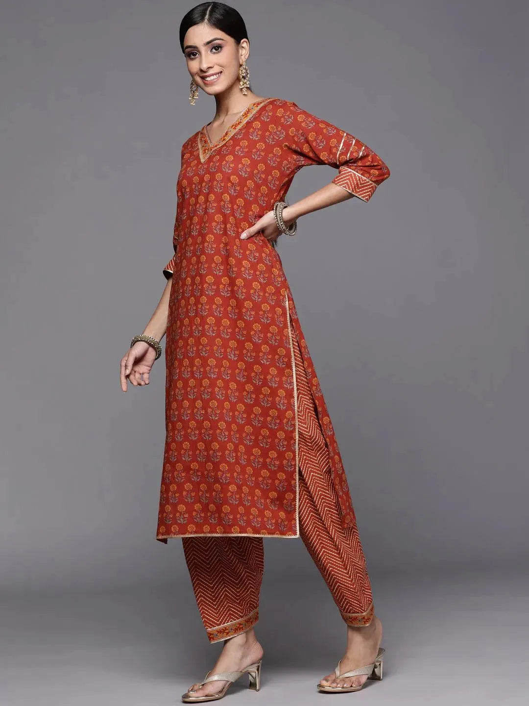 Rust Printed Cotton Straight Suit Set - Libas 