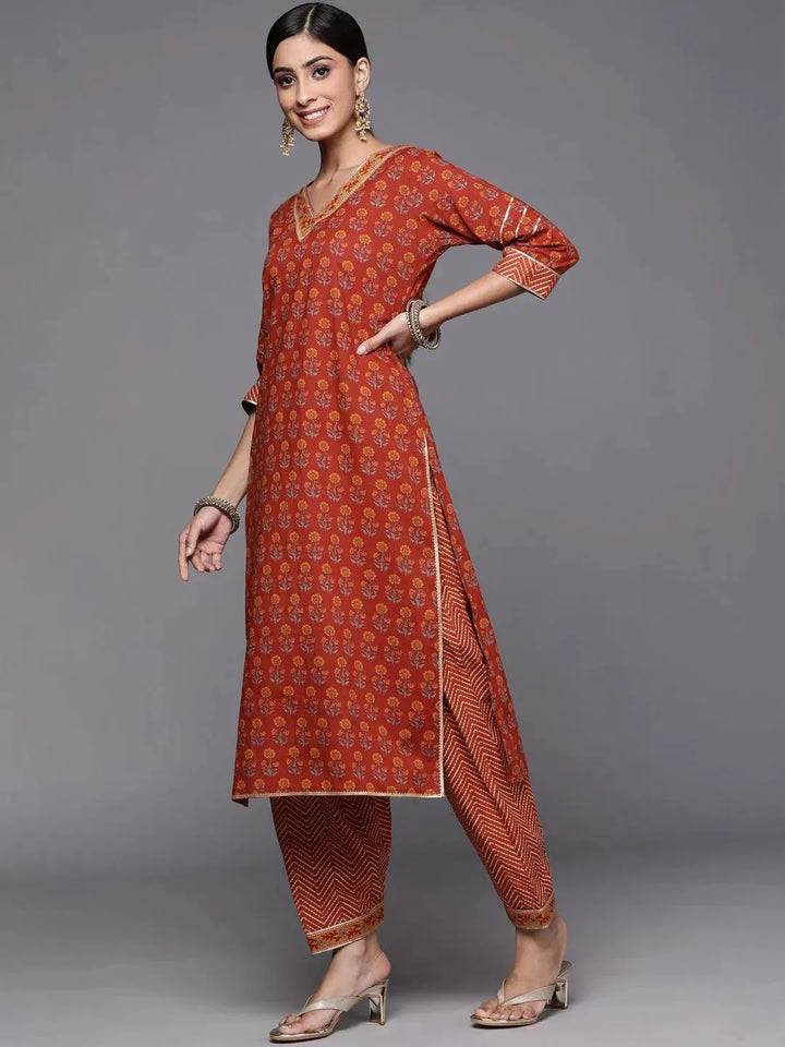 Rust Printed Cotton Straight Suit Set - Libas