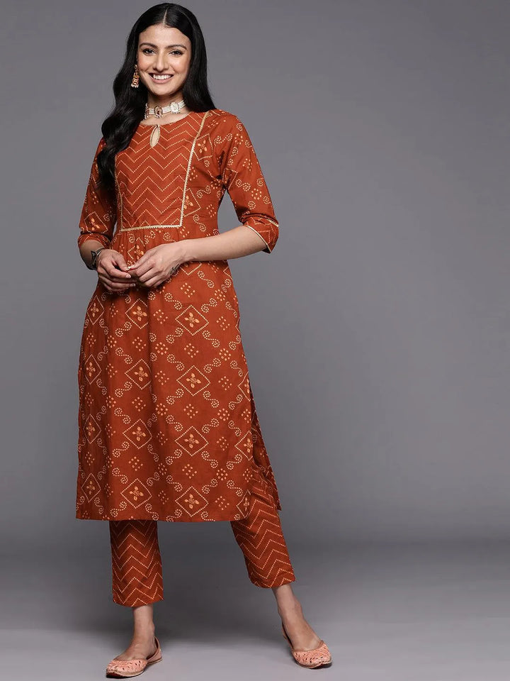 Rust Printed Cotton Straight Kurta Set With Trousers - Libas