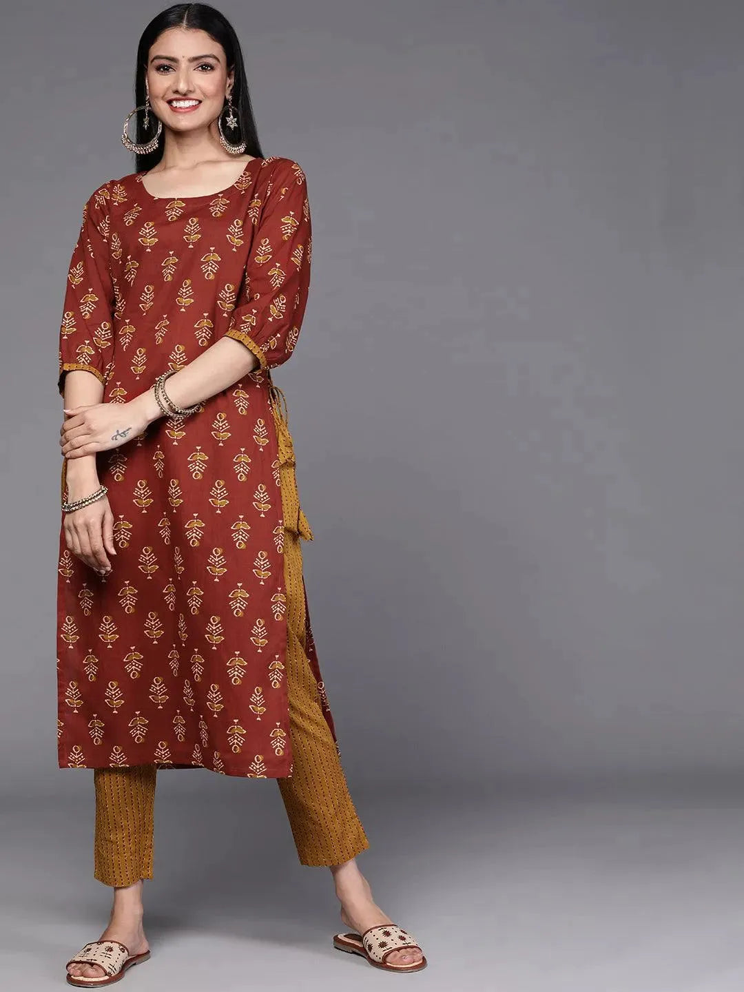 Rust Printed Cotton Kurta Set - Libas