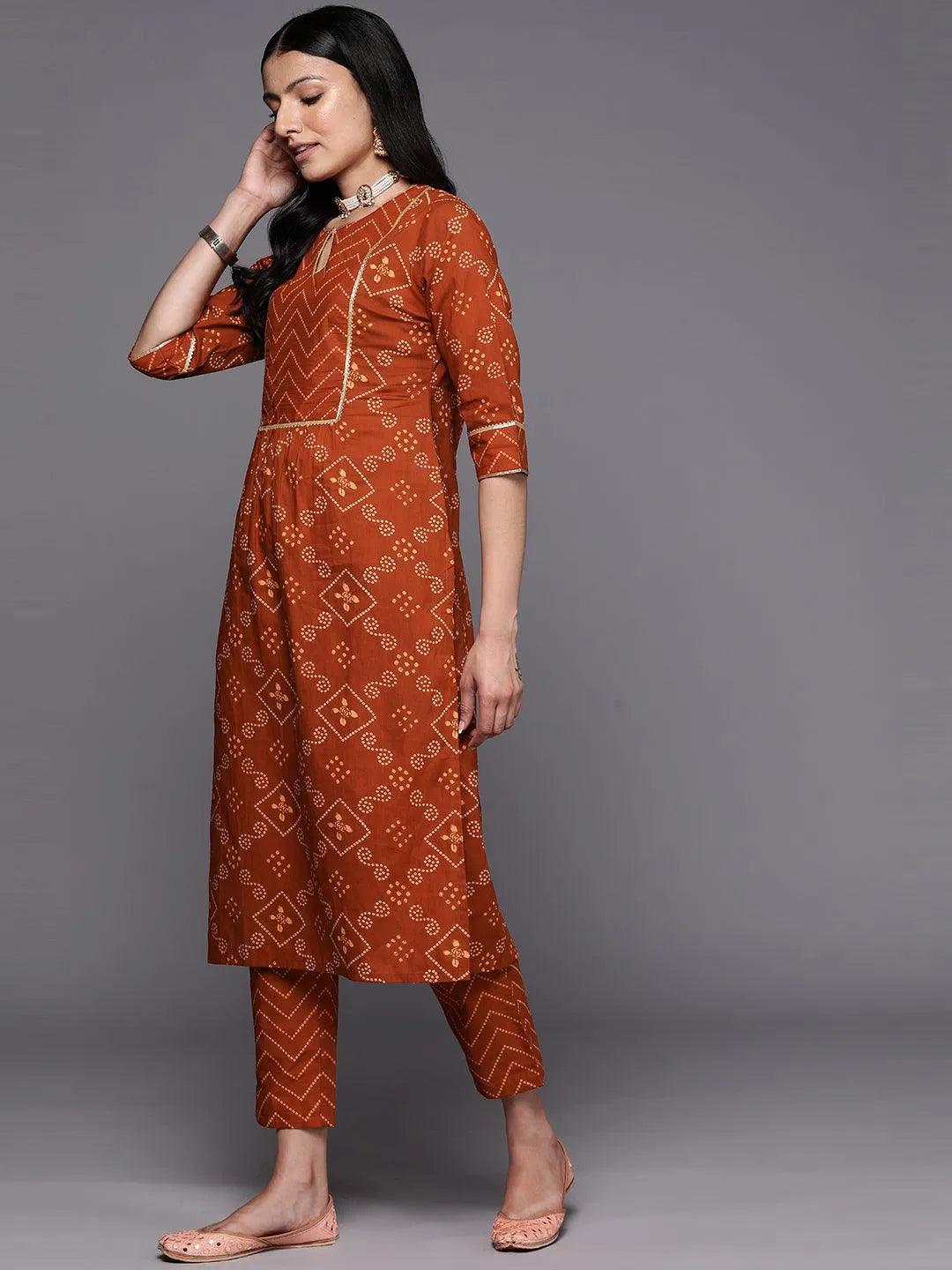 Rust Printed Cotton Straight Kurta Set With Trousers - Libas 