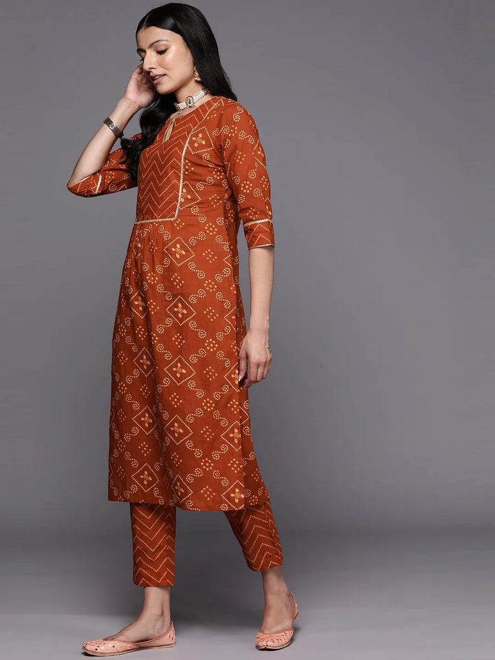 Rust Printed Cotton Straight Kurta Set With Trousers - Libas