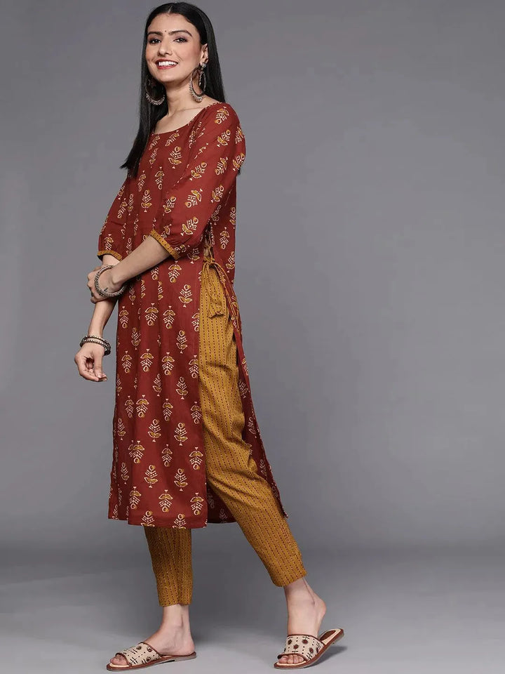 Rust Printed Cotton Kurta Set - Libas
