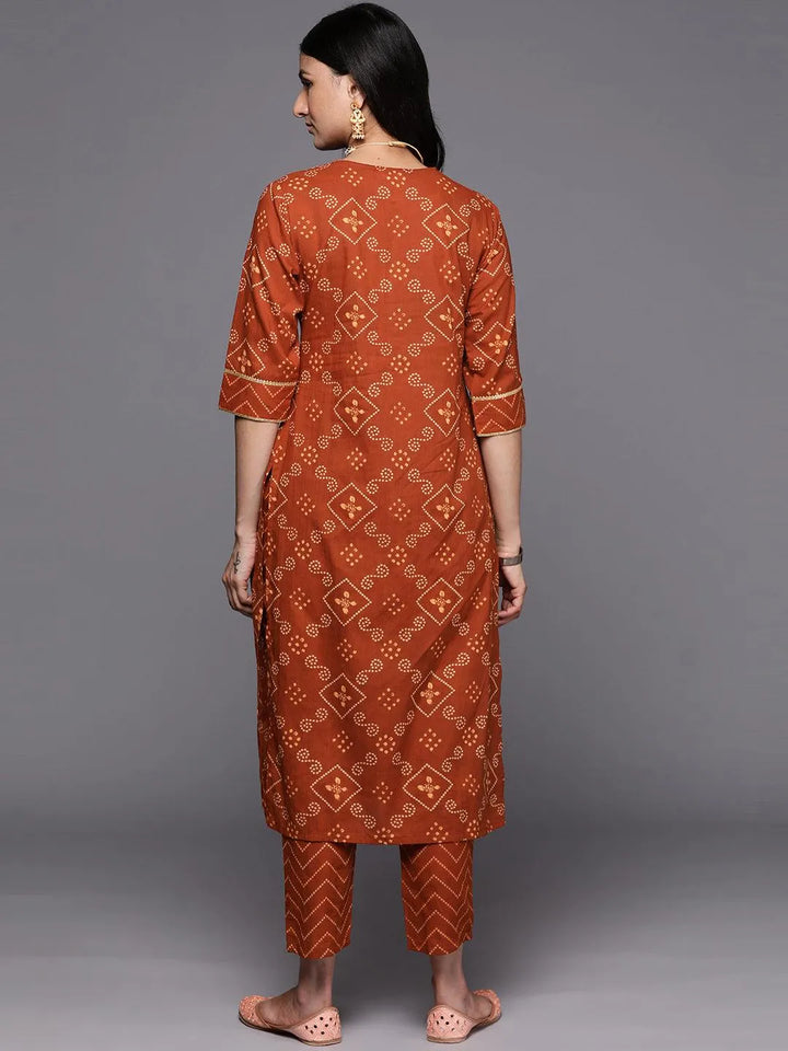Rust Printed Cotton Straight Kurta Set With Trousers - Libas