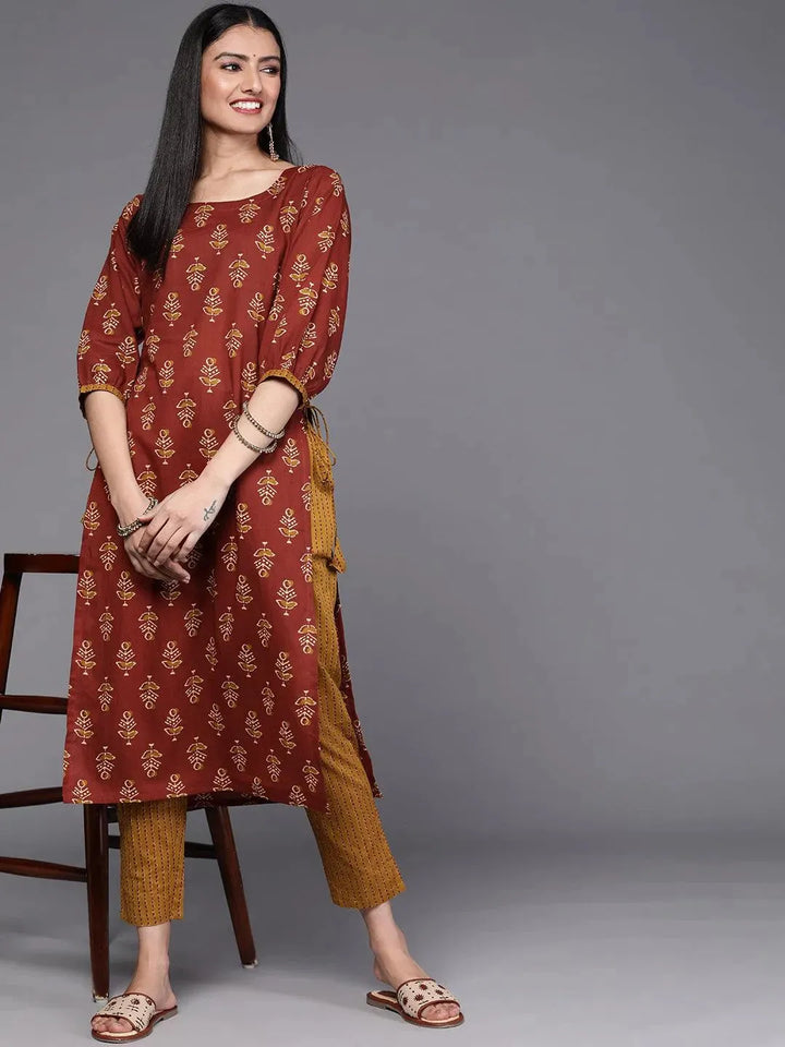 Rust Printed Cotton Kurta Set - Libas