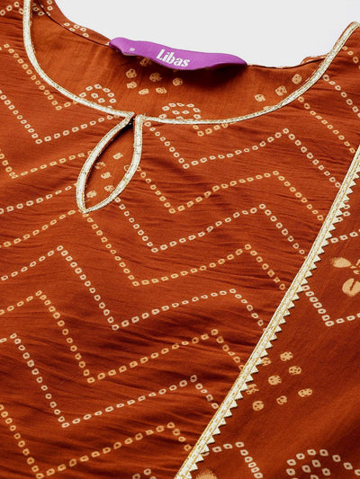 Rust Printed Cotton Straight Kurta Set With Trousers - Libas
