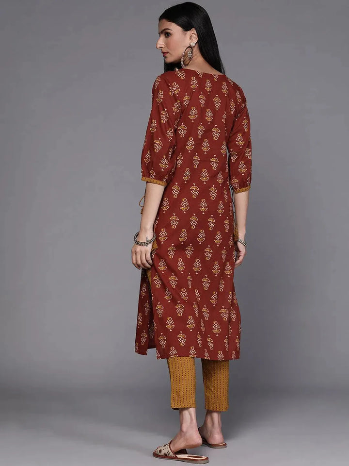 Rust Printed Cotton Kurta Set - Libas