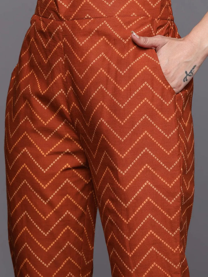 Rust Printed Cotton Straight Kurta Set With Trousers - Libas