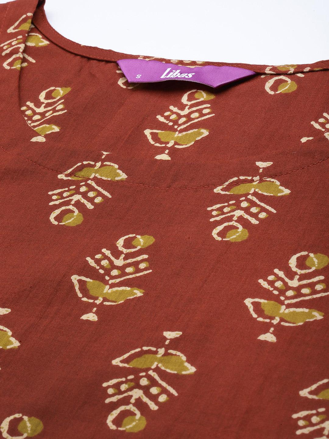 Rust Printed Cotton Straight Kurta With Trousers