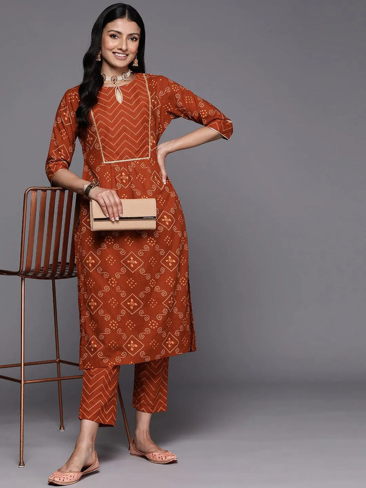 Rust Printed Cotton Straight Kurta Set With Trousers - Libas