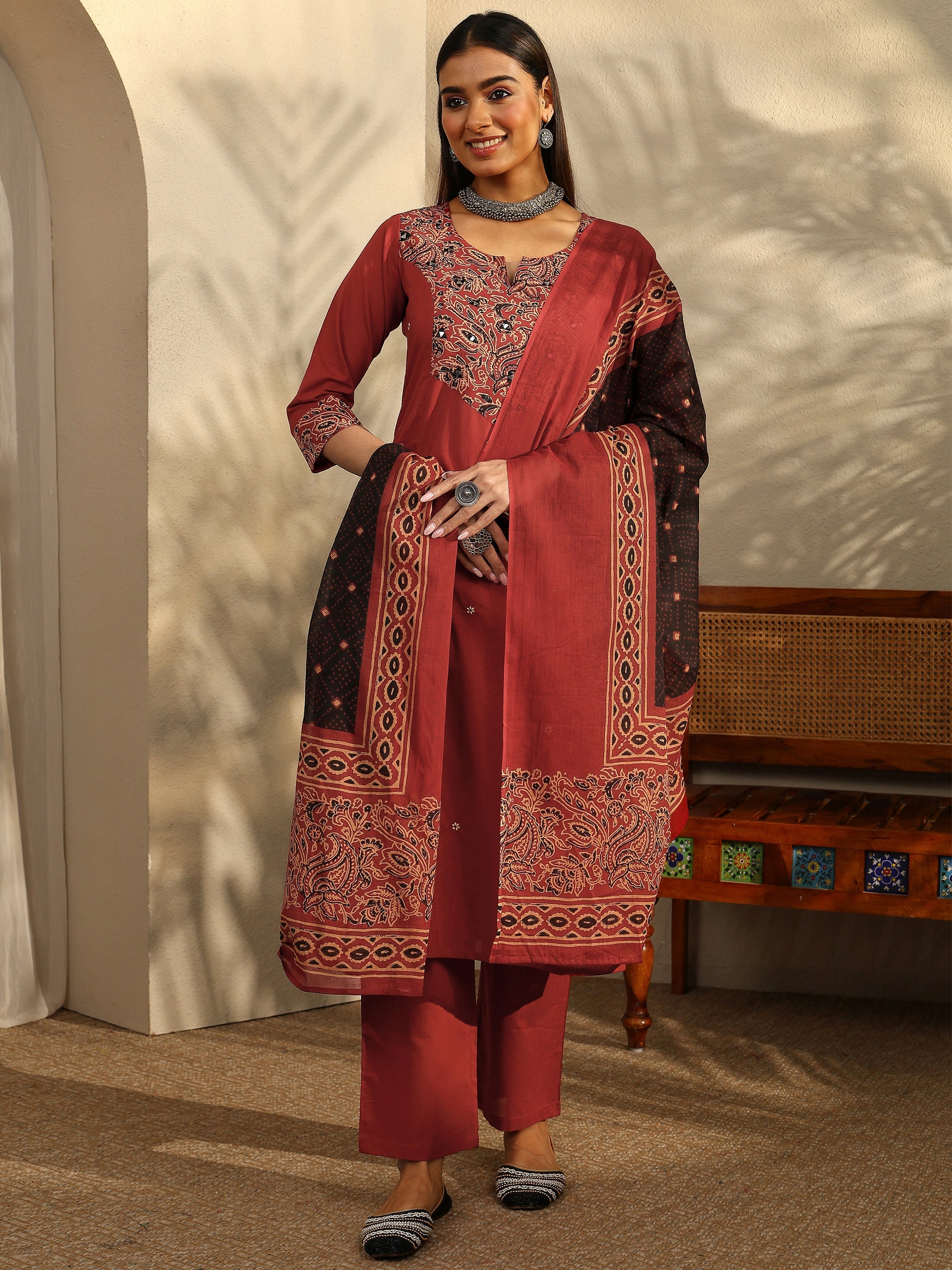 Rust Printed Cotton Straight Suit Set With Dupatta-image-28