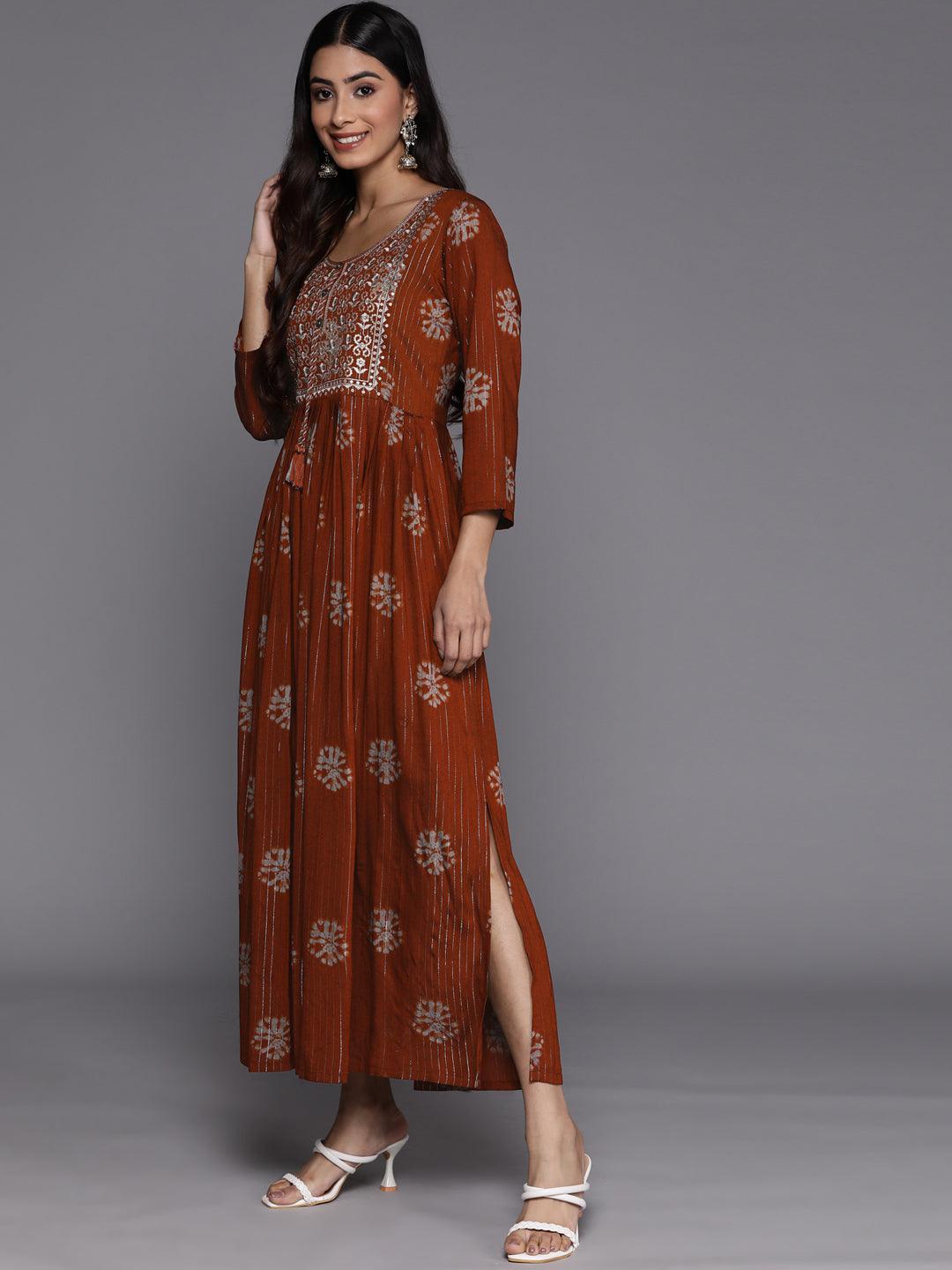 Rust Printed Fit and Flare Rayon Dress - Libas