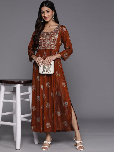 Rust Printed Fit and Flare Rayon Dress - Libas