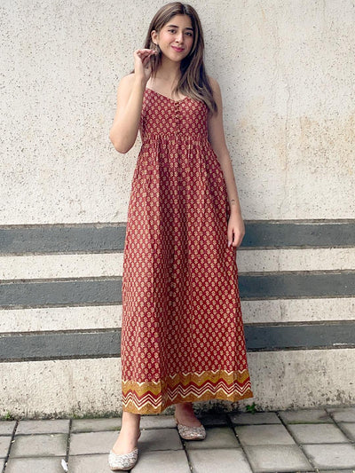 Rust Printed Fit and Flared Cotton Dress - Libas