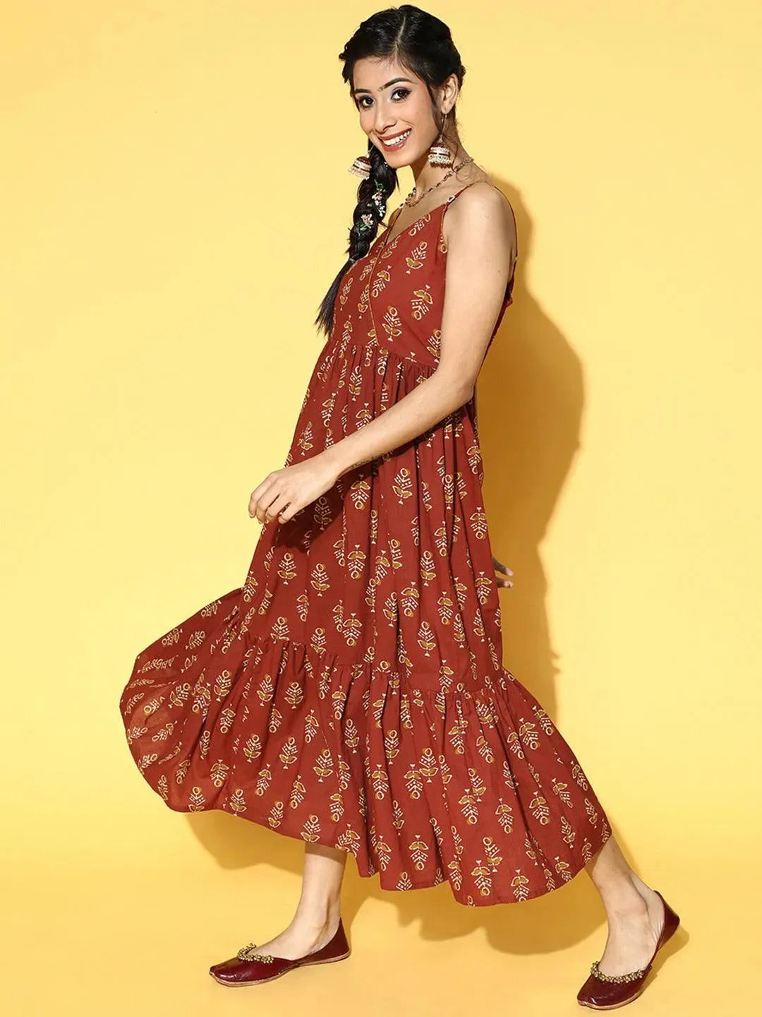 Rust Printed Fit and Flared Cotton Dress - Libas 