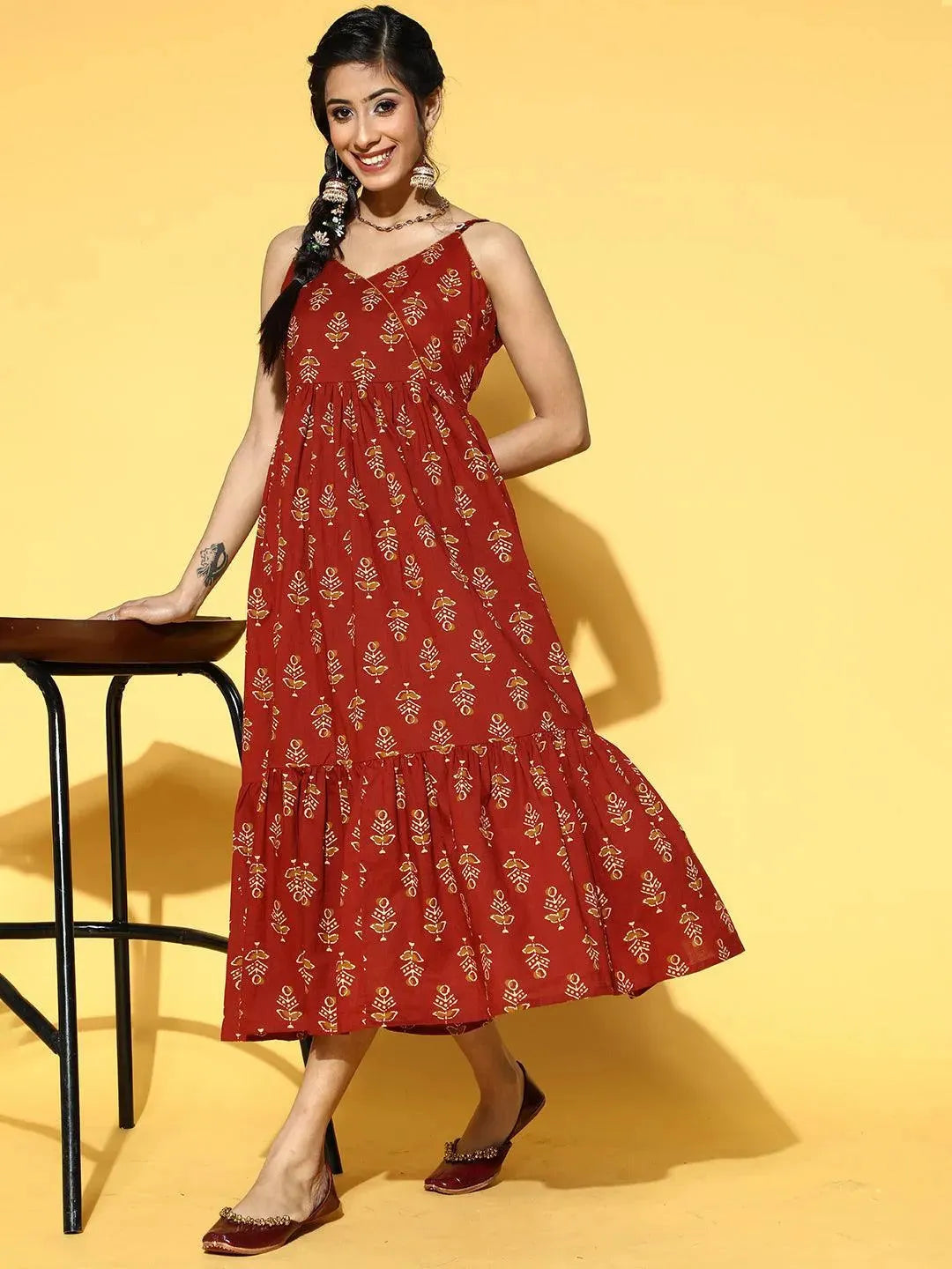 Rust Printed Fit and Flared Cotton Dress - Libas 