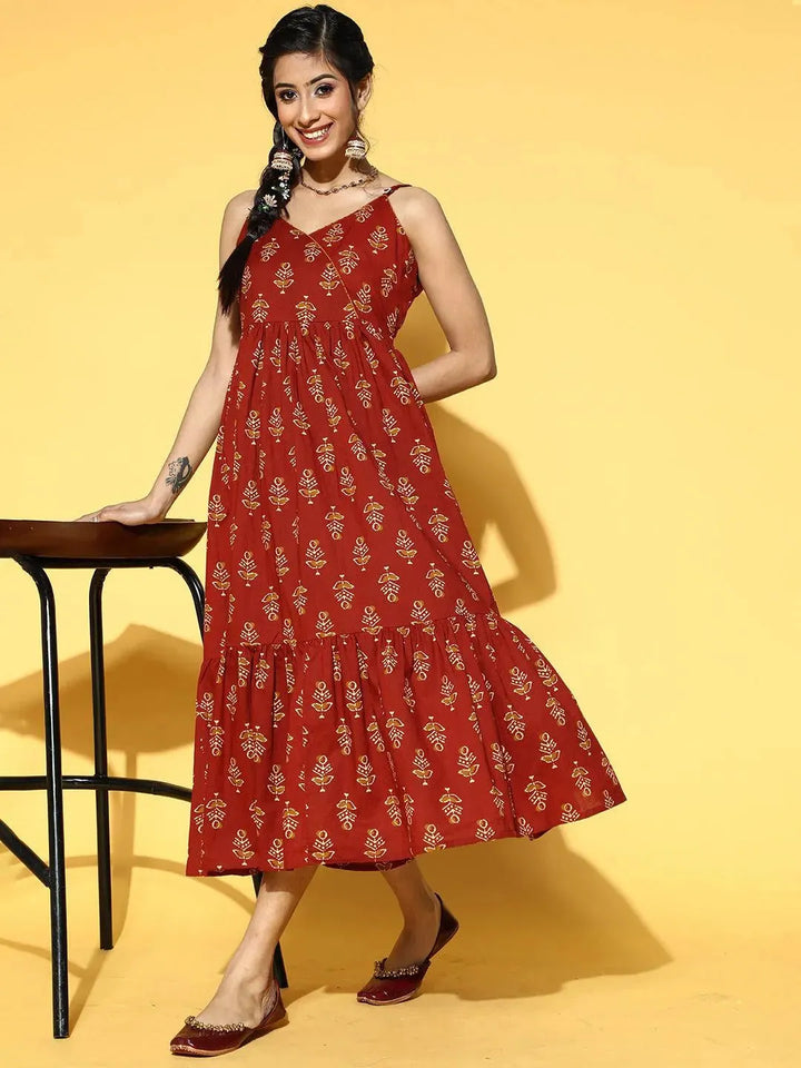 Rust Printed Fit and Flared Cotton Dress - Libas