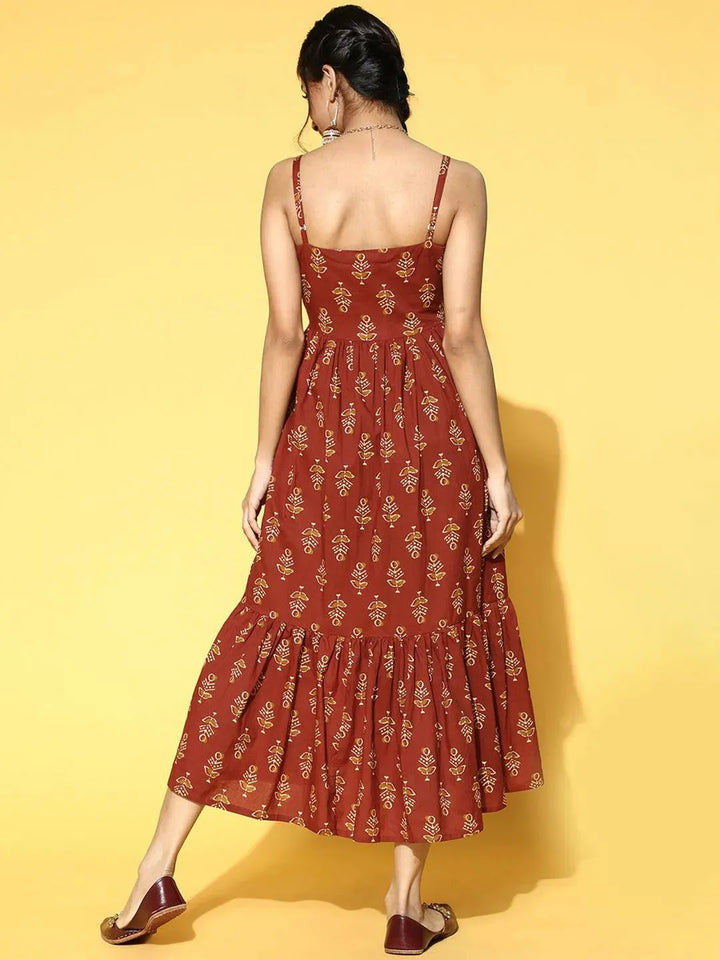 Rust Printed Fit and Flared Cotton Dress - Libas