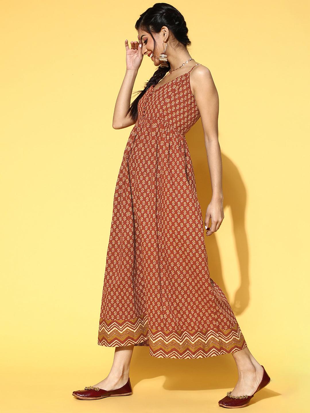 Rust Printed Fit and Flared Cotton Dress - Libas