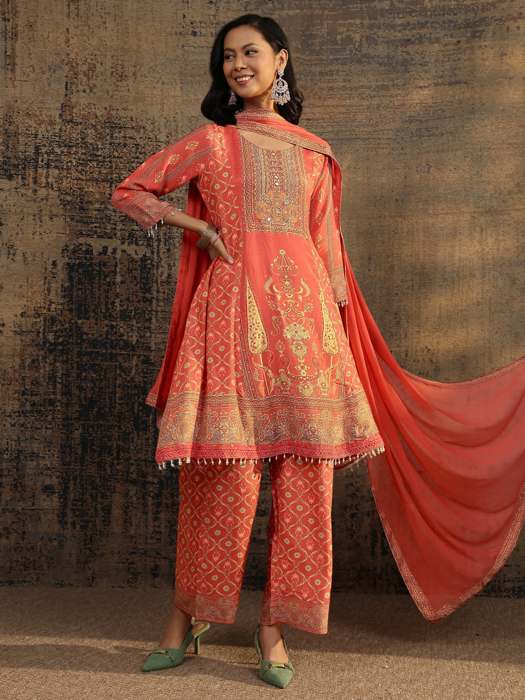 Rust Printed Muslin A-Line Suit Set With Dupatta