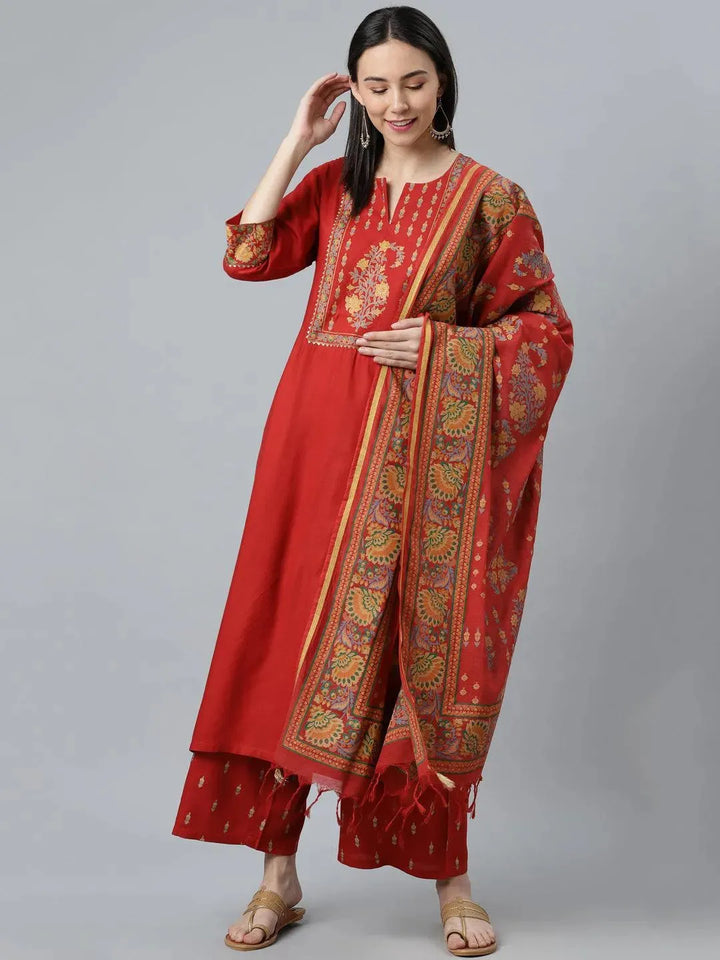 Rust Printed Rayon Suit Set - Libas
