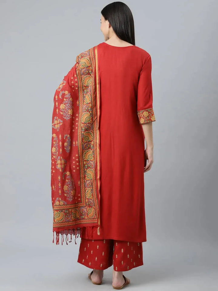 Rust Printed Rayon Suit Set - Libas