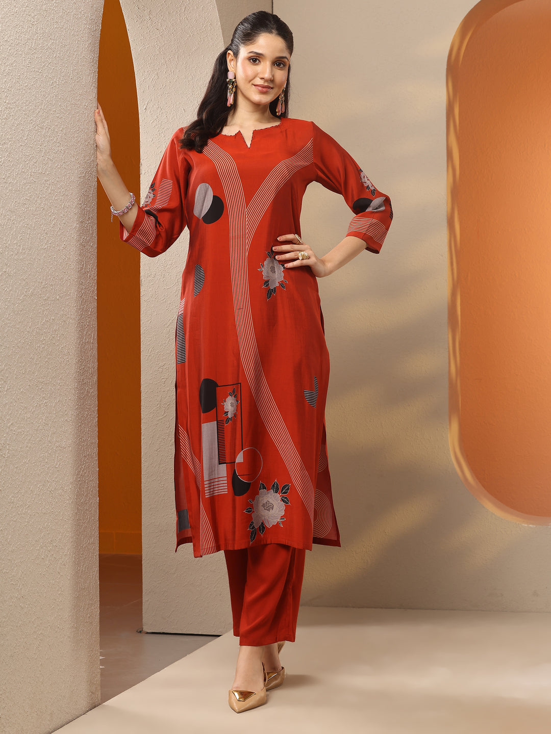  Rust Printed Silk Blend Straight Kurta 