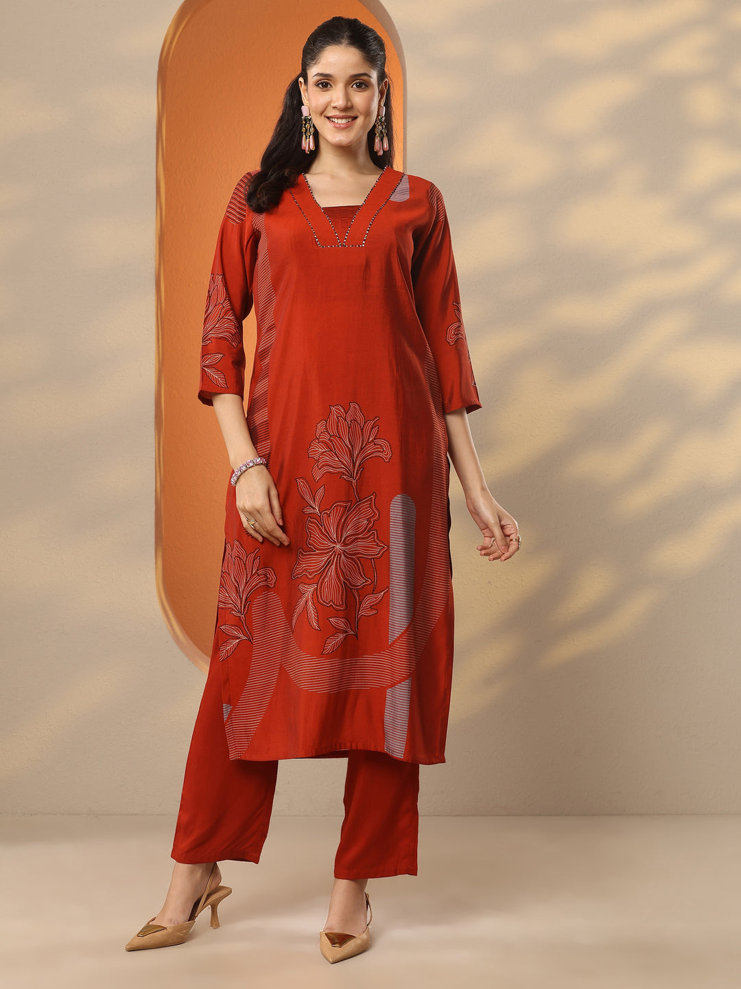 Rust Printed Silk Blend Straight Kurta