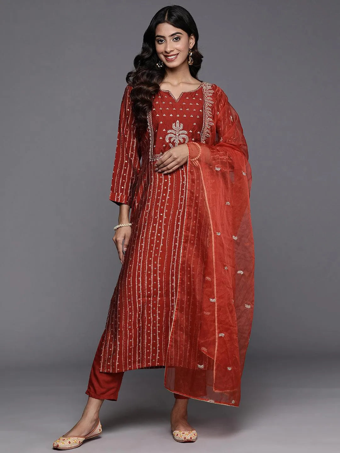 Rust Printed Silk Blend Straight Kurta With Trousers & Dupatta - Libas