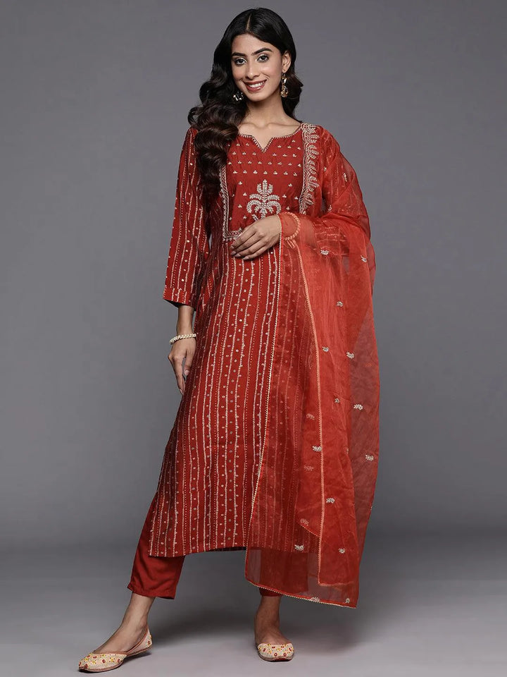 Rust Printed Silk Blend Straight Kurta With Trousers & Dupatta - Libas