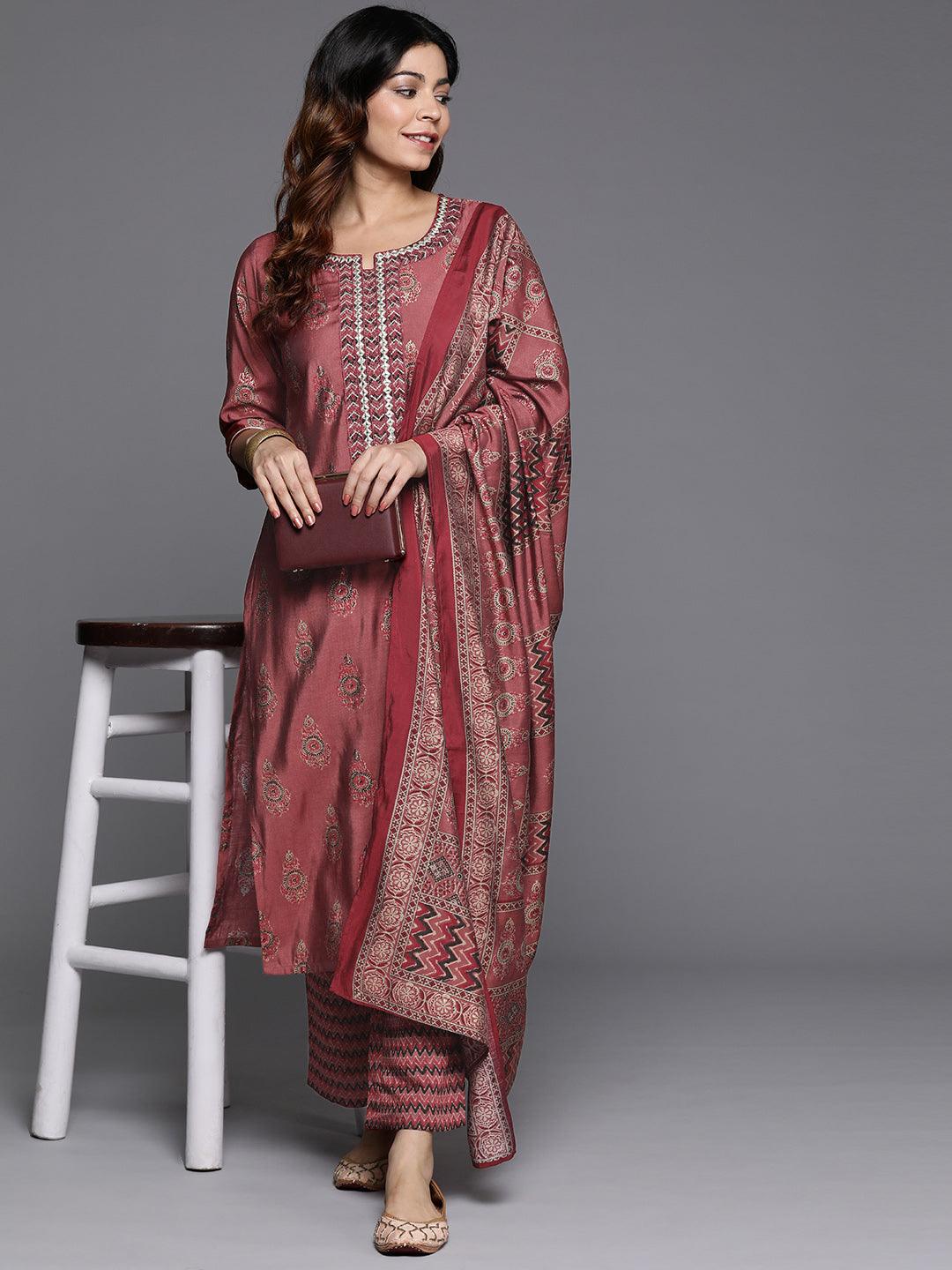 Rust Printed Silk Blend Straight Suit With Dupatta