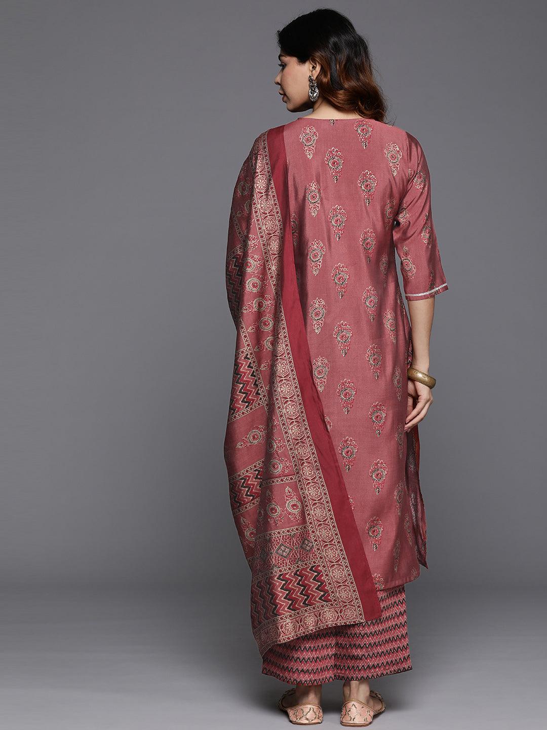 Rust Printed Silk Blend Straight Suit With Dupatta