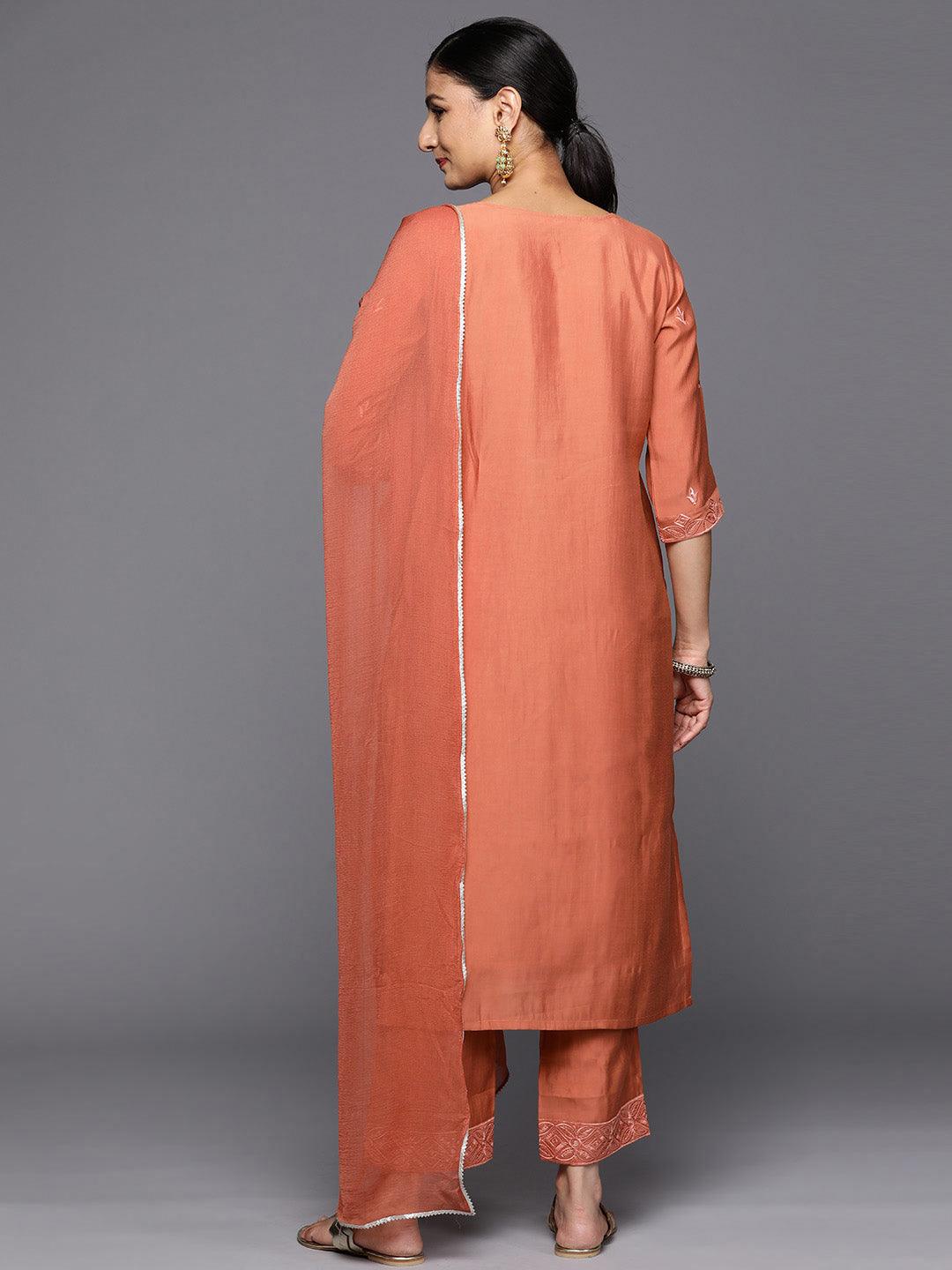 Rust Printed Silk Blend Straight Kurta With Trousers & Dupatta - Libas