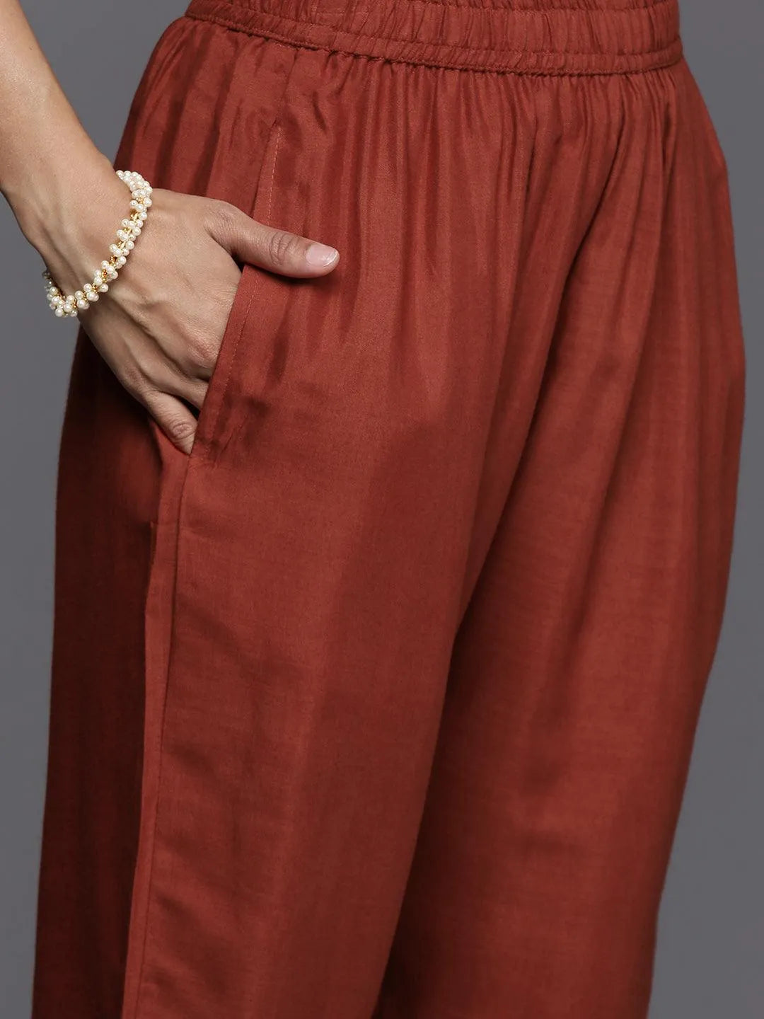 Rust Printed Silk Blend Straight Kurta With Trousers & Dupatta - Libas 