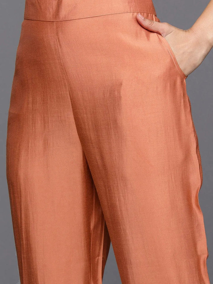 Rust Printed Silk Blend Straight Kurta With Trousers & Dupatta - Libas