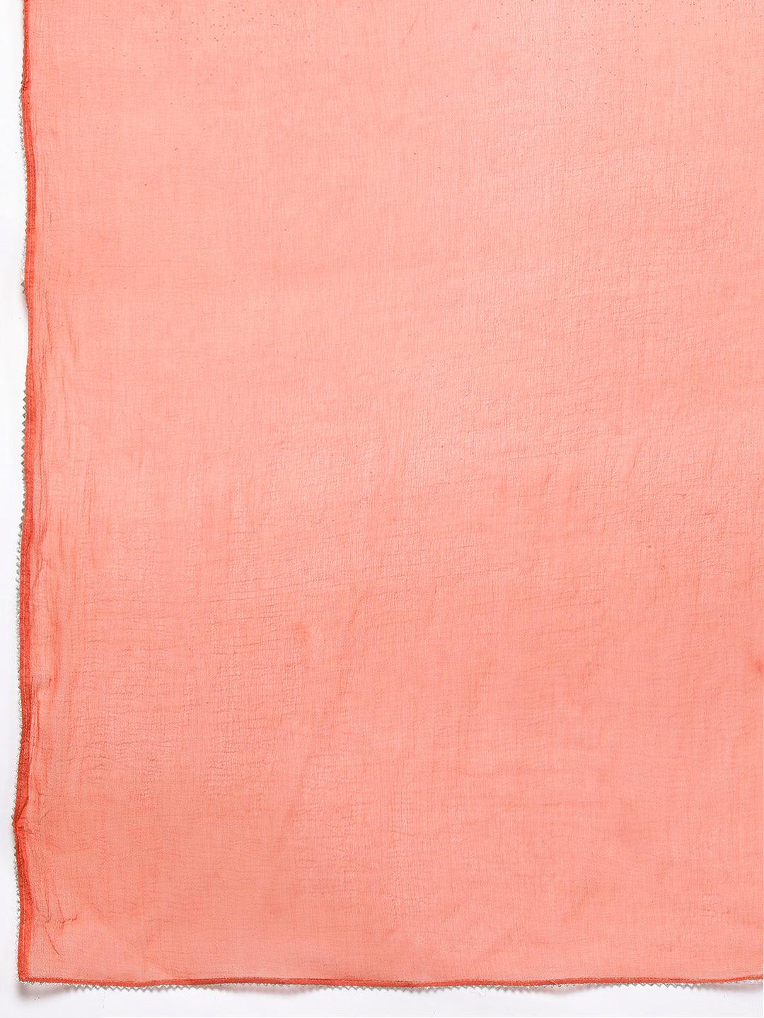 Rust Printed Silk Blend Straight Kurta With Trousers & Dupatta - Libas
