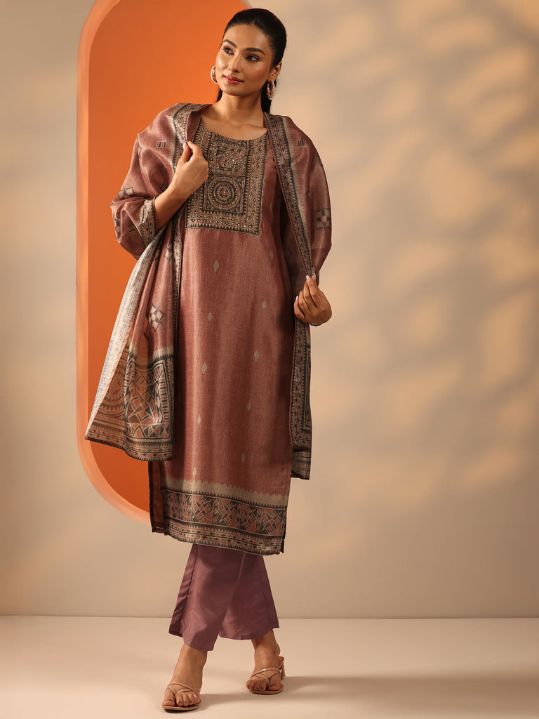 Libas Rust Printed Silk blend Straight Suit Set With Dupatta
