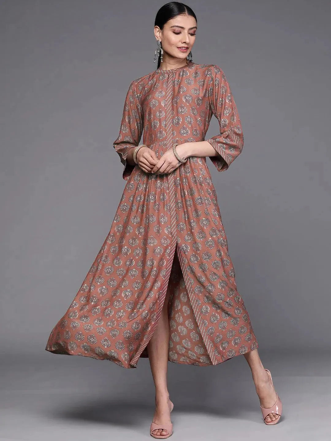 Rust Printed Silk Dress - Libas