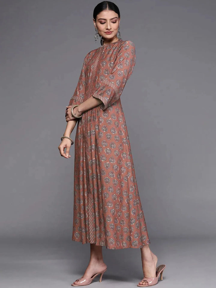 Rust Printed Silk Dress - Libas