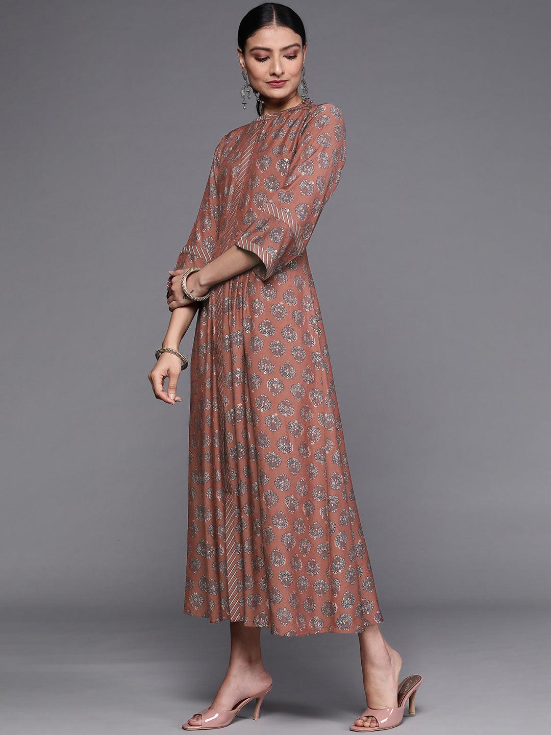 Rust Printed Silk Dress - Libas