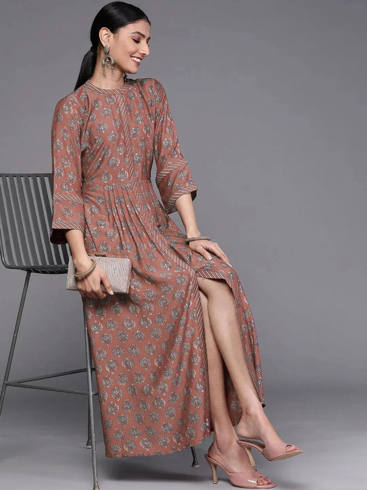 Rust Printed Silk Dress - Libas