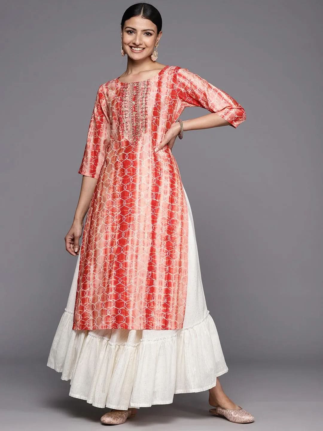 

Rust Printed Silk Straight Kurta