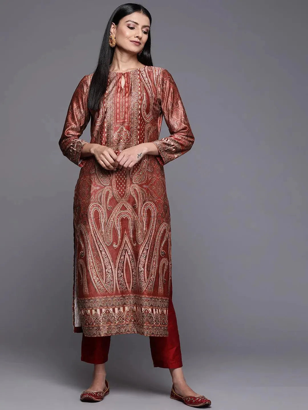 Rust Printed Velvet Straight Kurta - Libas